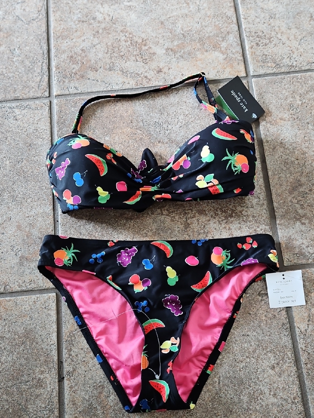 Kate Spade New York Black Womens Two-Piece Bikini with Bright Fruit Print